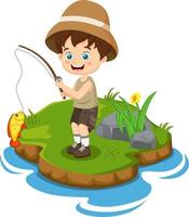 cartone animato ragazzino che pesca in un fiume vettore