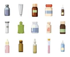 set di icone di bottiglia medica, stile cartone animato vettore