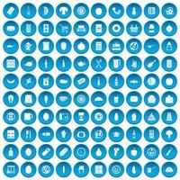 100 icone del pranzo impostate in blu