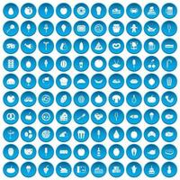 100 icone di cibo gustoso impostate in blu vettore