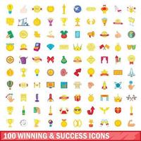 100 set di icone vincenti e di successo, stile cartone animato vettore