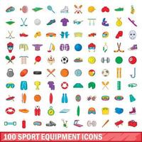 100 set di icone per attrezzature sportive, stile cartone animato vettore