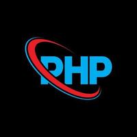 logo php. lettera php. design del logo della lettera php. iniziali php logo collegato con cerchio e logo monogramma maiuscolo. tipografia php per il marchio tecnologico, aziendale e immobiliare. vettore
