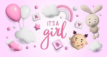 baby doccia spazio 3d. banner poster su baby shower in stile rendering. scritta è una ragazza. vettore in stile 3 d.