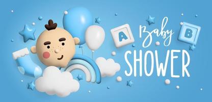 baby doccia spazio 3d. banner poster su baby shower in stile rendering. scritte è un ragazzo. vettore in stile 3 d.