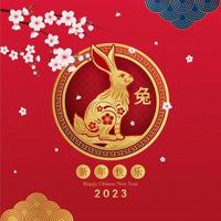 carta di felice anno nuovo cinese 2023, segno dorato dello zodiaco del coniglio su sfondo di colore rosso. illustrazione vettoriale. vettore