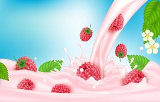 lampone rosa dolce latte con frutti di bosco e schizzi realistici, frutta e yogurt. illustrazione 3d vettoriale. vettore