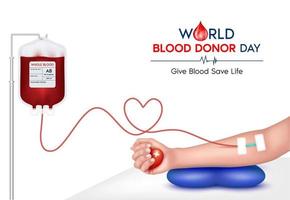 concetto di donazione di sangue con sacca di sangue, segno medico della mano e del cuore. dare il sangue salva la vita, il giorno del donatore di sangue mondiale-giugno 14. illustrazione 3d vettoriale eps10.