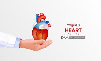 giornata mondiale del cuore. mano del medico che tiene cuore rosso con mappa del mondo bianco. banner di sfondo astratto battito cardiaco, onda del cuore. illustrazione vettoriale 3d.