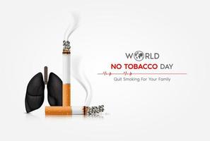 giornata mondiale senza tabacco. linea del bit del cuore e sigaretta. pericoli del fumo. effetto del fumo sui polmoni con le persone intorno e la famiglia. illustrazione vettoriale 3d.