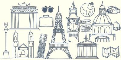 disegno a mano doodle elementi di viaggio in europa con attrezzatura turistica vettore