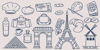 insieme di elementi di viaggio di doodle di disegno a mano per andare a parigi con l'icona della francia vettore