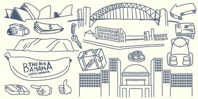 disegno a mano doodle elementi di viaggio per l'attrezzatura turistica australiana vettore