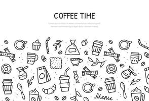 doodle set di tema caffè. modello di banner web. illustrazione disegnata a mano di vettore. vettore