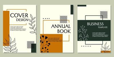 set di modelli di copertine di libri annuali. sfondo geometrico con elementi foglia disegnati a mano. per cataloghi, brochure, presentazioni vettore