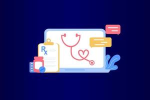 farmaci da prescrizione online, sistema di gestione delle prescrizioni, farmacia online, farmacia, diagnosi, ospedale. consulenza medica online, telemedicina e concetto di assistenza sanitaria elettronica. illustrazione vettoriale. vettore