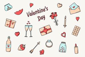 un set di icone doodle per San Valentino o matrimonio. illustrazione vettoriale di accessori romantici candele cuori anello bottiglia e bicchieri di vino, labbra regalo cioccolato fragola