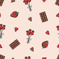 concetto di icone senza cuciture di san valentino. vettore doodle accessori romantici una barretta di cioccolato, fragole ricoperte di cioccolato, un mazzo di fiori