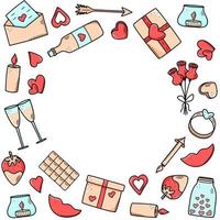 un set di icone doodle per San Valentino o matrimonio. illustrazione vettoriale di accessori romantici candele cuori anello bottiglia e bicchieri di vino, labbra regalo cioccolato fragola