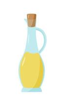 una bottiglia di vetro con tappo di legno, un contenitore per olio d'oliva liquido o vegetale. illustrazione vettoriale. vettore