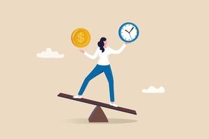 equilibrio di tempo e denaro, peso tra lavoro e vita, investimento o risparmio a lungo termine, controllo o concetto di decisione, equilibrio donna d'affari allegra tra orologio e denaro in dollari sull'altalena. vettore