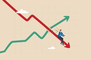 stagflazione, rallentamento economico o recessione mentre l'inflazione è in alto, diminuzione della crescita del PIL causata dal concetto di disoccupazione, un uomo d'affari timoroso che cavalca il grafico economico con l'inflazione in alto. vettore