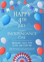 Biglietto d'invito del 4 luglio. modello del manifesto della festa di celebrazione del giorno dell'indipendenza. palloncini rossi, blu, bianchi, decorazioni patriottiche nel cielo. vettore