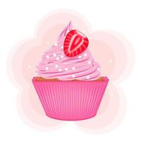 cupcake carino isolato su sfondo bianco, delizioso dessert decorato con fragole, illustrazione vettoriale. vettore