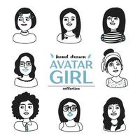 collezione di avatar di ragazze, grafica in bianco e nero disegnata a mano, ritratti di ragazze, scarabocchi vettore