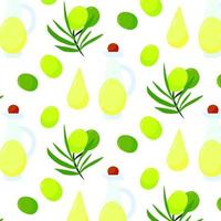 olive verdi ramo di frutta cartone animato motivo senza giunture, illustrazione vettoriale isolato su sfondo bianco. concetto di vaso di olio d'oliva biologico fresco colorato. elemento di design del marchio del logo. modello di stampa su tessuto.