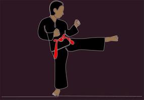 disegno a linea singola di un giovane karateka sportivo in uniforme da combattimento con cintura che esercita arti marziali in palestra illustrazione vettoriale. concetto di stile di vita sportivo sano. moderno disegno a linea continua vettore