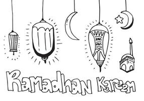 biglietto di auguri ramadan con lanterna disegnata a mano su sfondo bianco vettore