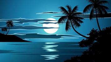 silhouette di alberi di cocco di notte sullo sfondo della natura con la luna e le nuvole vettore