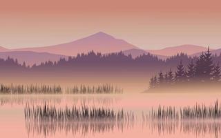 illustrazione del paesaggio di vettore del lago di montagna nebbioso