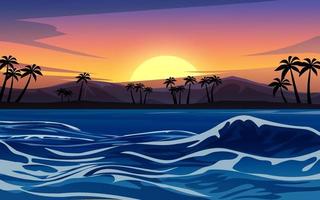 illustrazione del tramonto sull'oceano con onde e isola vettore