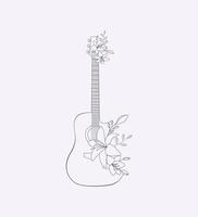 fiore chitarra piatto disegnato a mano linea arte illustrazione strumento musicale art vettore