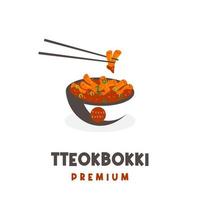 logo dell'illustrazione di tteokbokki del cibo di strada coreano servito con le bacchette vettore