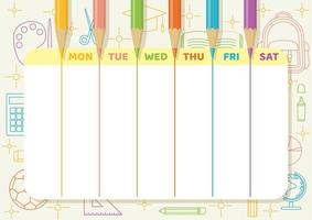 orario scolastico con matite colorate disegna linee con elementi scolastici line art vettore