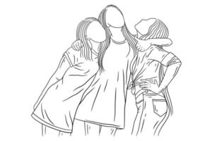 donne felici gruppo ragazza migliore amico amore linea arte disegnata a mano stile illustrazione vettore