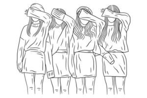 donne felici gruppo ragazza migliore amico amore linea arte disegnata a mano stile illustrazione vettore