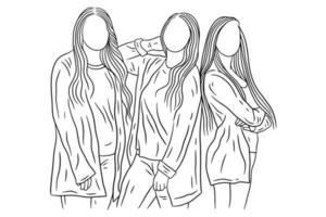 donne felici gruppo ragazza migliore amico amore linea arte disegnata a mano stile illustrazione vettore