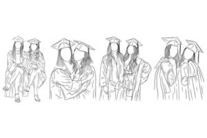 set pacco felice migliori amici felice laurea donne ragazze università linea arti stile illustrazione disegnata a mano vettore