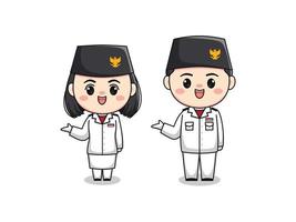 carino ragazzo e ragazza carattere patrimonio bandiera truppa di sollevamento indonesia giorno dell'indipendenza piatto fumetto illustrazione chibi kawaii vettore