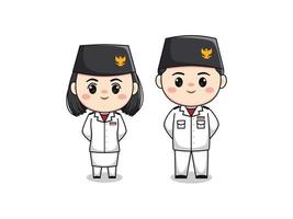 carino ragazzo e ragazza carattere patrimonio bandiera truppa di sollevamento indonesia giorno dell'indipendenza piatto fumetto illustrazione chibi kawaii vettore