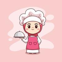 carino e kawaii chef donna musulmana che indossa hijab cartone animato manga chibi vettore personaggio design