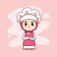 carino e kawaii chef donna musulmana che indossa hijab cartone animato manga chibi vettore personaggio design