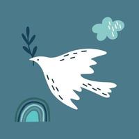 colomba della pace uccello mano stile cartone animato. giornata internazionale della pace, tradizionalmente celebrata ogni anno. concetto di pace nel mondo, vettore di nonviolenza.