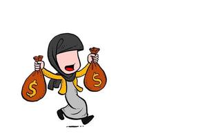 donna d'affari musulmana asiatica che consegna sacchi di denaro. concetto di ricchezza. disegno di illustrazione vettoriale caricatura