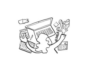imprenditrice esausta con il lavoro di contabilità. concetto di stress in ufficio. disegno dell'illustrazione di vettore del fumetto