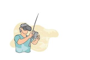 uomo che usa il controller della canna da pesca per il gioco vr. disegno di illustrazione vettoriale